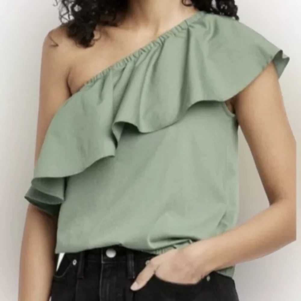 A New Day One Shoulder Ruffle Sleeve Top Size Large Shady Hallow Green NWT